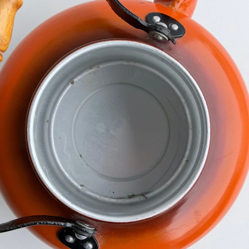 Vintage Enamel Tea Kettle Orange Ombre Wood Handle Stovetop Pot Made in Taiwan